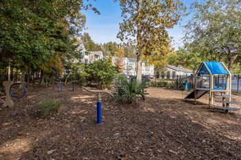 a park with a playground and trees and houses in the background